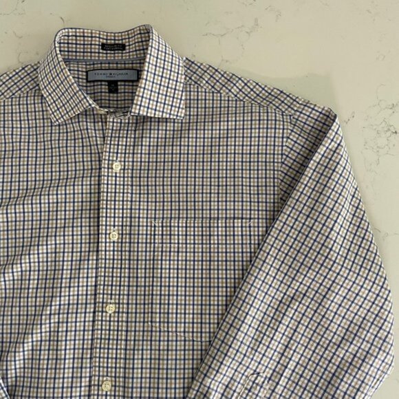 Tommy Hilfiger Ithaca LS Button Down Check Print Dress Shirt Blue Wht Tan Sz 15 - Picture 5 of 12